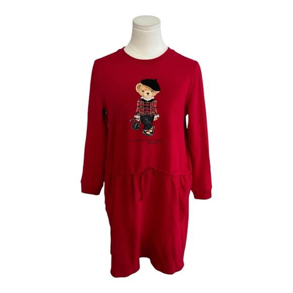 POLO RALPH LAUREN‎ Red Bear Fleece Dress Girl Size L XL Winter Drawstring Beret - Picture 2 of 8